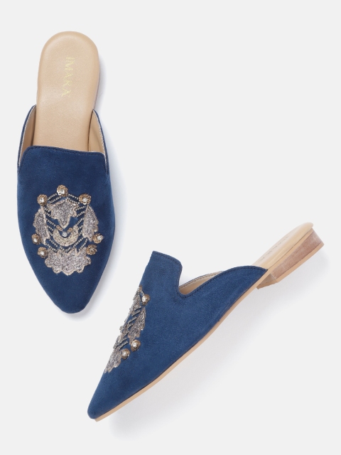 

IMARA Women Navy Blue & Gold-Toned Embellished Mules
