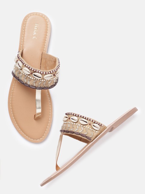 

IMARA Women Brown Embellished T-Strap Flats