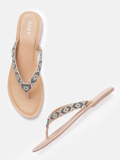 

IMARA Women Multicoloured Embellished T-Strap Flats, Multi