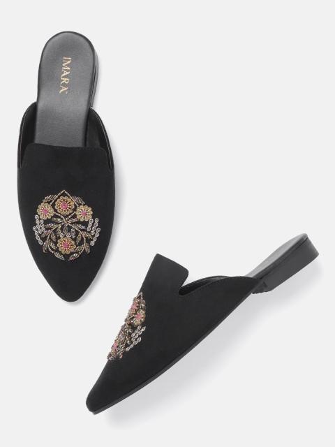 

IMARA Women Black & Gold-Toned Embellished Mules