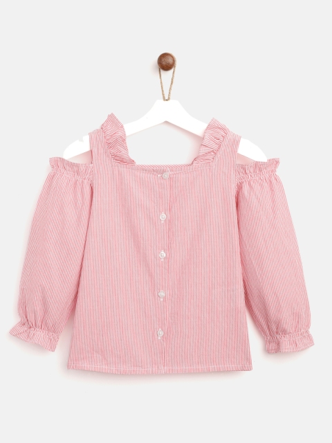 

YK Girls White & Pink Striped Ruffled Cold Shoulder Top