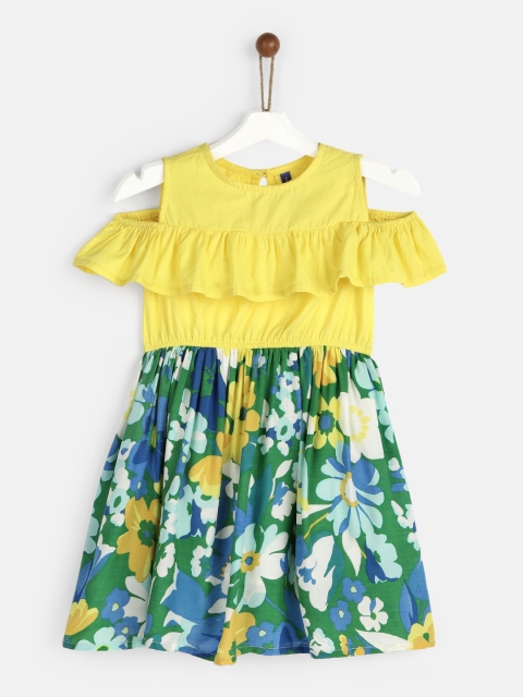 

YK Girls Yellow & Green Floral Printed Fit and Flare Dress With Cold Shoulder