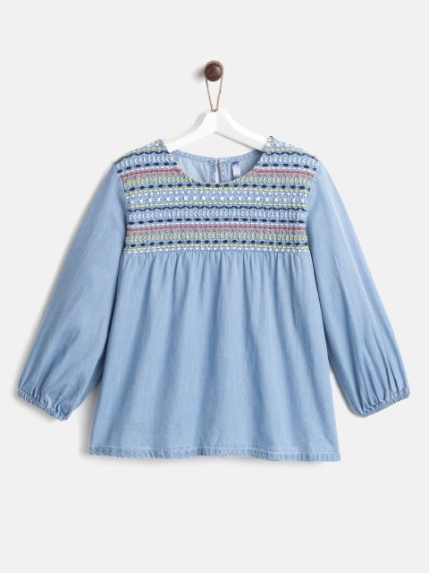 

YK Girls Blue Embroidered Chambray A-Line Top