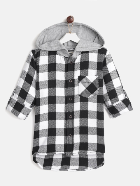 

YK Boys Black & White Regular Fit Checked Hooded Casual Shirt