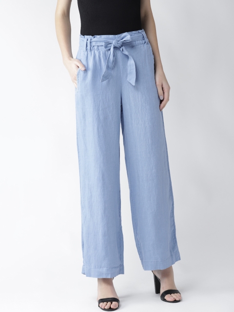 

Marks & Spencer Women Blue Regular Fit Solid Linen Parallel Trousers