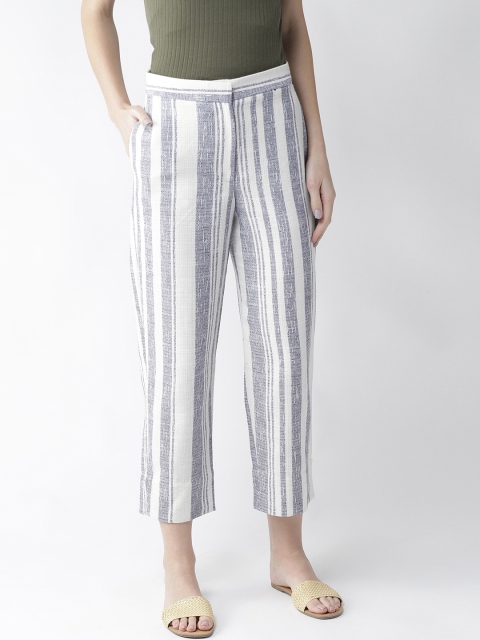 

Marks & Spencer Women Off-White & Navy Blue Straight Fit Striped Regular Cropped Trousers