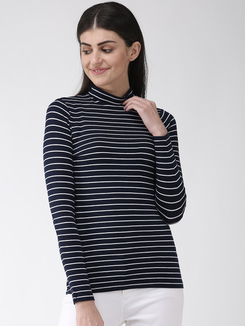 

Marks & Spencer Women Navy Blue & White Striped High Neck T-shirt