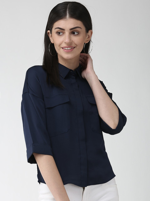 

Marks & Spencer Women Navy Blue Regular Fit Solid Casual Shirt with Satin Finish