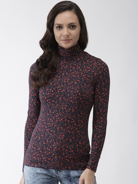 

Marks & Spencer Women Navy Blue & Red Printed Turtle Neck T-shirt