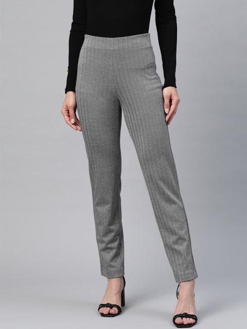 

Marks & Spencer Women Black & Grey Melange Regular Fit Striped Cigarette Trousers