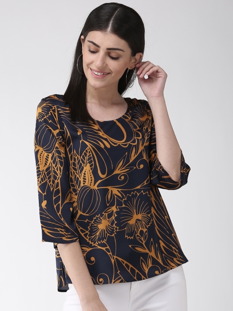 

Marks & Spencer Women Navy Blue & Mustard Yellow Floral Print Top With Satin Finish