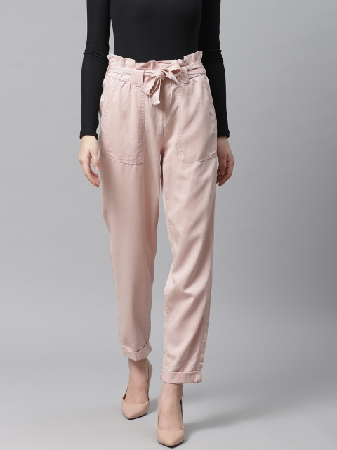 

Marks & Spencer Women Pink Solid Paper Bag Waist Regular Trousers