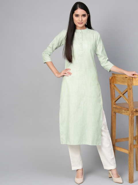 

Indo Era Women Green & Blue Striped Straight Kurta