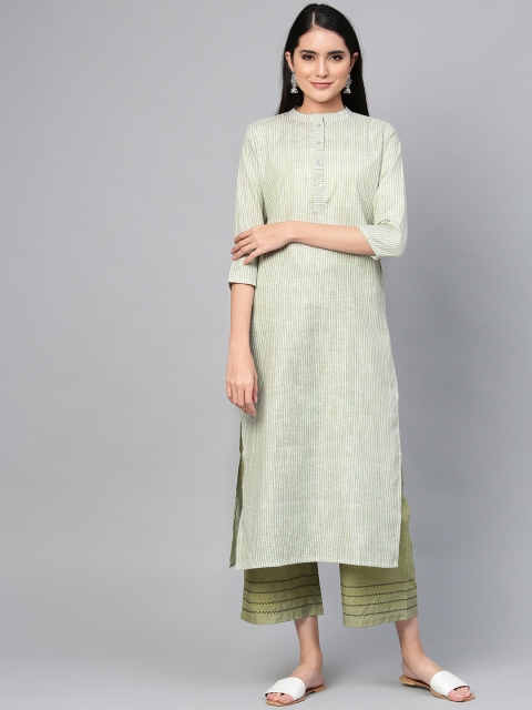 

Indo Era Women Green & Off-White Striped Straight Kurta