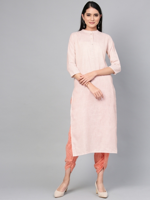 

Indo Era Women Rust Brown & Off-White Striped Straight Kurta