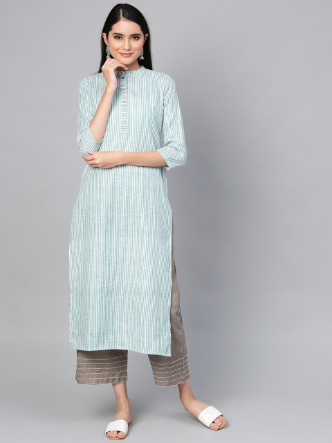 

Indo Era Women Green & Off-White Striped Straight Kurta