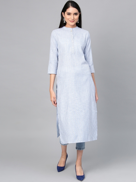 

Indo Era Women Blue & White Striped Straight Kurta