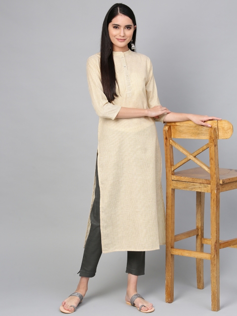 

Indo Era Women Beige & Off-White Striped Straight Kurta