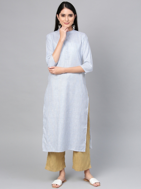 

Indo Era Women Blue & Off-White Striped Straight Kurta