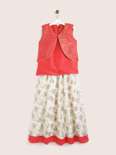 

YK Off-White & Red Ready to Wear Printed Lehenga with Blouse & Ethnic Jacket