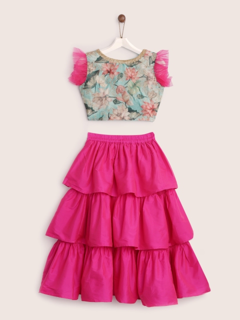 

YK Girls Pink & Sea Green Ready to Wear Tiered Lehenga with Blouse
