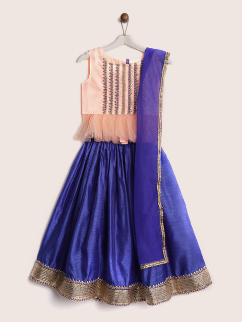 

YK Girls Blue & Peach-Coloured Gota Patti Ready to Wear Lehenga & Blouse with Dupatta