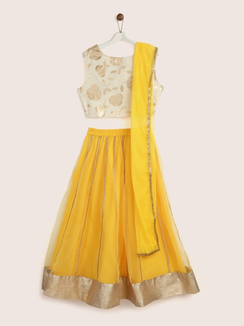 

YK Girls Yellow & Off-White Solid Ready to Wear Lehenga & Blouse with Dupatta