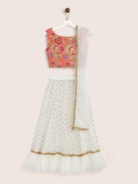 

YK Girls Off-White & Peach-Coloured Printed Ready to Wear Lehenga & Blouse with Dupatta