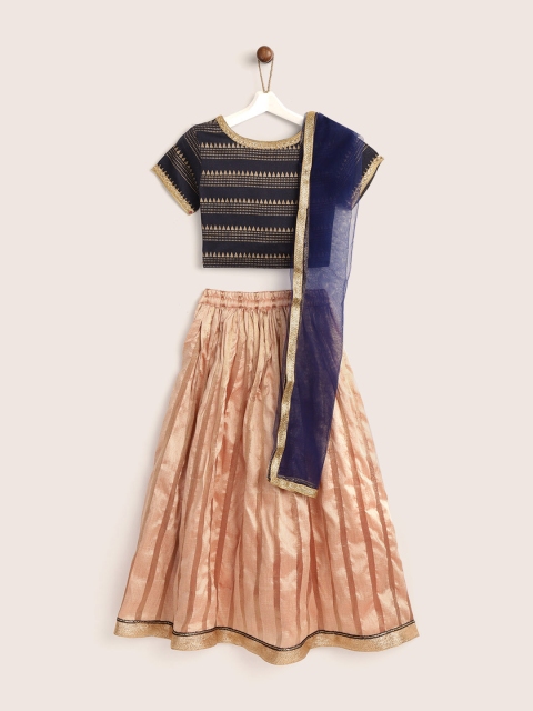 

YK Girls Peach-Coloured & Navy Blue Printed Ready to Wear Lehenga & Blouse with Dupatta