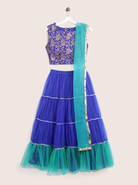 

YK Girls Blue & Green Woven Design Ready to Wear Lehenga & Blouse with Dupatta