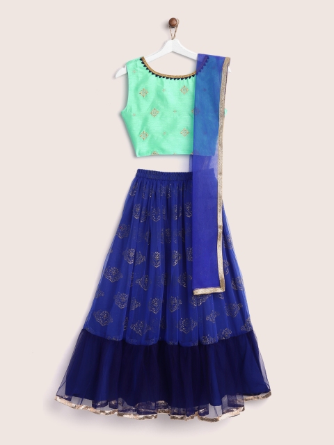 

YK Girls Blue & Green Embroidered Ready to Wear Lehenga & Blouse with Dupatta