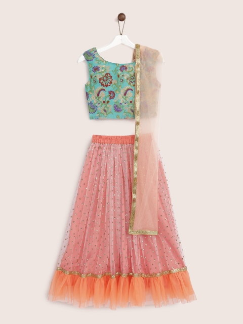 

YK Girls Orange & Green Printed Ready to Wear Lehenga & Blouse with Dupatta