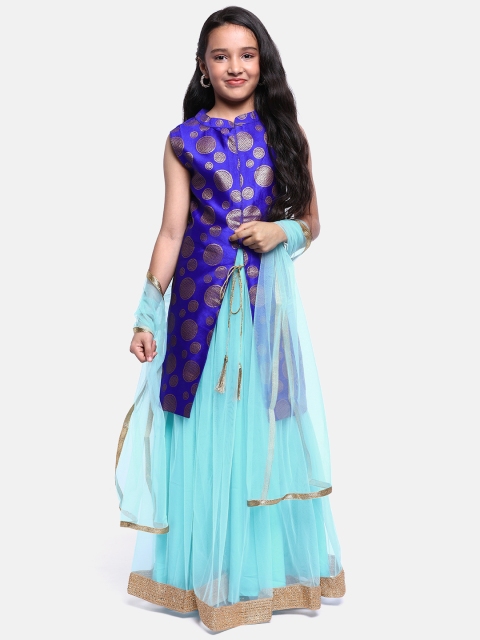 

YK Girls Blue & Golden Woven Design Kurta with Skirt & Dupatta