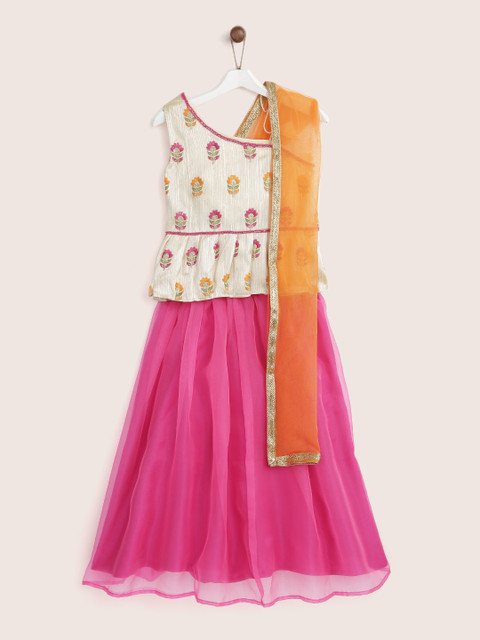 

YK Girls Pink & Cream-Coloured Embroidered Ready to Wear Lehenga & Blouse with Dupatta