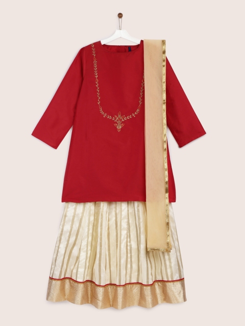 

YK Girls Red & Cream-Coloured Embroidered Ready to Wear Pattu Pavadai with Dupatta