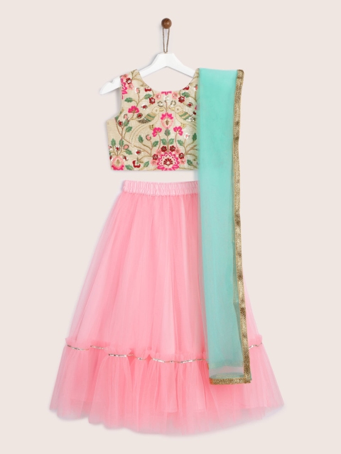 

YK Girls Cream-Coloured & Pink Embroidered Ready to Wear Lehenga & Blouse with Dupatta