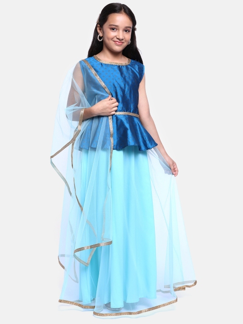 

YK Girls Blue & Gold-Toned Printed Ready to Wear Lehenga & Blouse with Dupatta