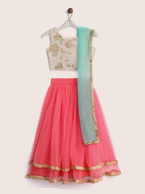 

YK Girls Pink & Off-White Printed Ready to Wear Lehenga & Blouse with Dupatta, Coral