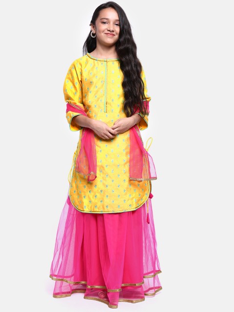 

YK Girls Yellow & Fuchsia Pink Embroidered & Sequinned Kurta with Net Skirt & Dupatta