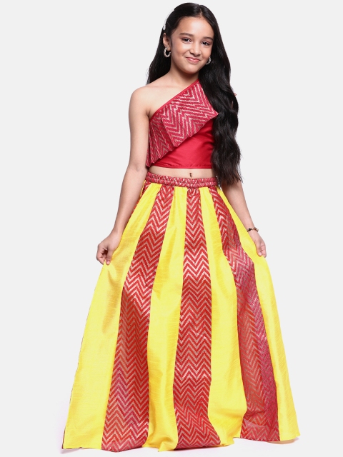 

YK Girls Yellow & Red Printed Ready to Wear Off Shoulder Lehenga & Blouse with Dupatta