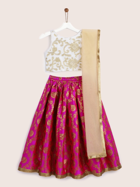 

YK Girls Off-White & Magenta Embroidered Ready to Wear Lehenga & Blouse with Dupatta