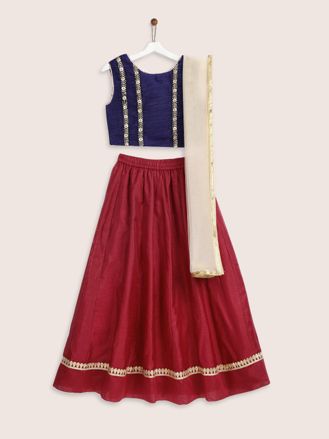 

YK Girls Navy Blue & Maroon Embellished Ready to Wear Lehenga & Blouse with Dupatta