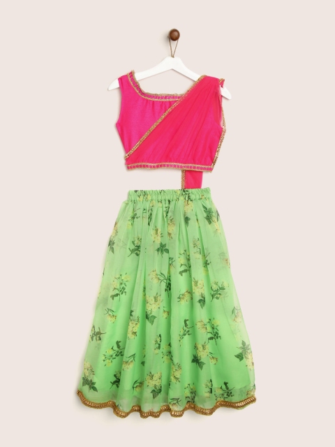 

YK Girls Green & Pink Solid Ready to Wear Lehenga & Blouse