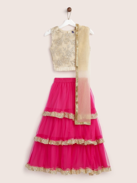 

YK Girls Pink & Golden Woven Design Ready to Wear Lehenga & Blouse with Dupatta