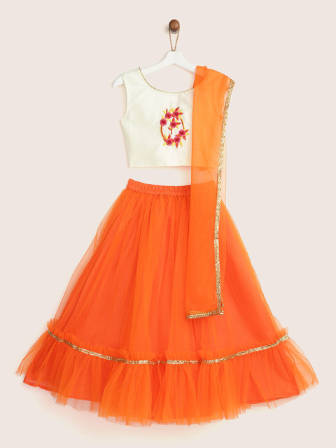 

YK Girls Orange & Cream-Coloured Ready to Wear Lehenga & Blouse with Dupatta