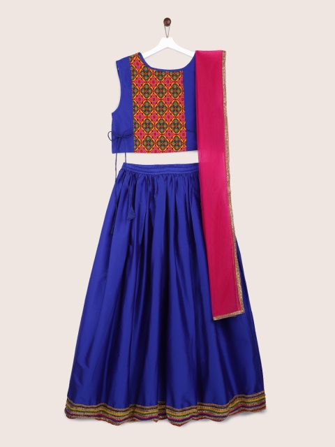 

YK Girls Blue & Orange Embroidered Ready to Wear Lehenga & Blouse with Dupatta