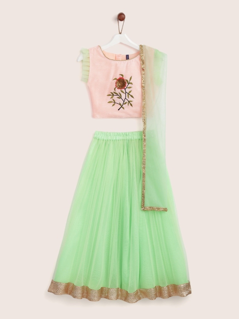 

YK Girls Green & Peach-Coloured Embroidered Ready to Wear Lehenga & Blouse with Dupatta
