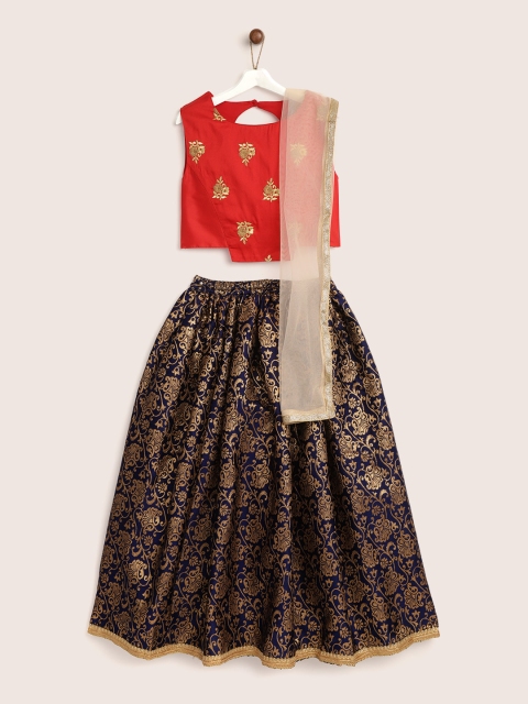 

YK Girls Navy Blue & Red Embroidered Ready to Wear Lehenga & Choli with Dupatta