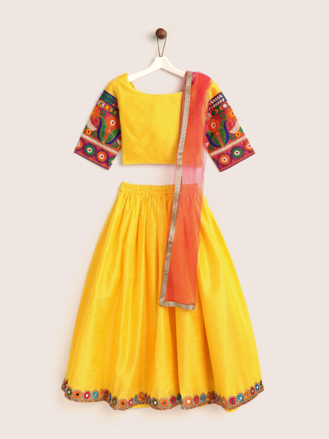 

YK Girls Yellow & Pink Solid Ready to Wear Lehenga & Blouse with Dupatta
