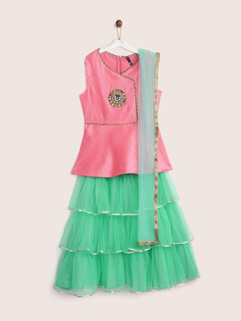 

YK Girls Green & Pink Solid Ready to Wear Lehenga & Blouse with Dupatta